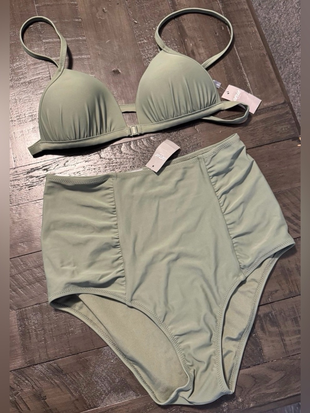NWT Aerie Bikini Open Front Padded Adj Straps Top (S), Hi-Rise Bottom (M), Olive